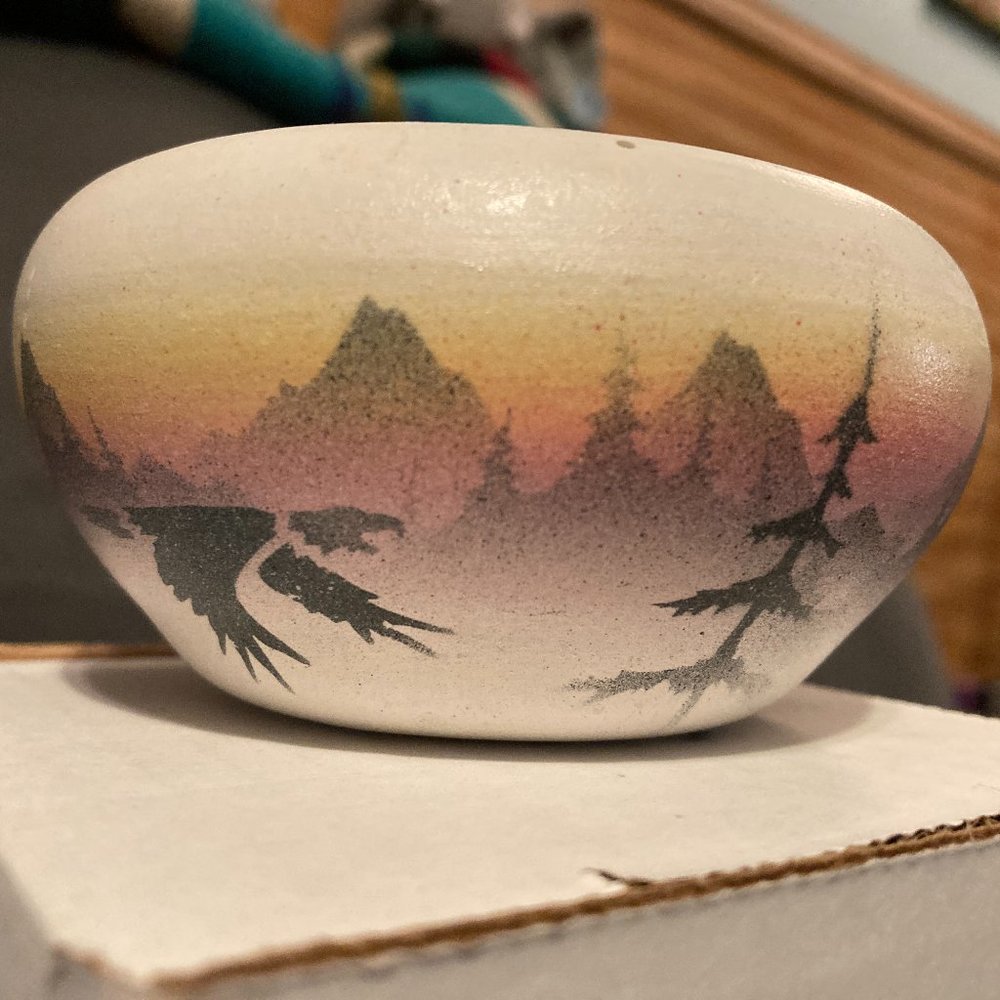 Hand Made Hand Painted Ceramic Navajo Vase Bowl Mountain Scene-M. RedHorse-VGUC